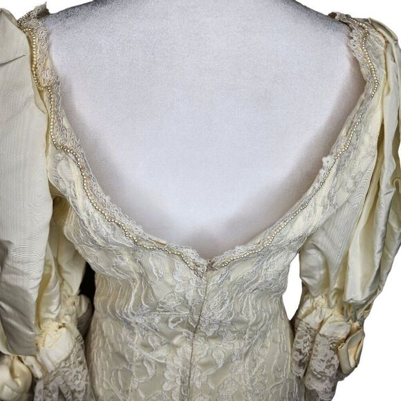 Vintage 80s Lace Wedding Dress Womens S White Bow Seed Pearls Mutton Sleeves Tru - Picture 11 of 13